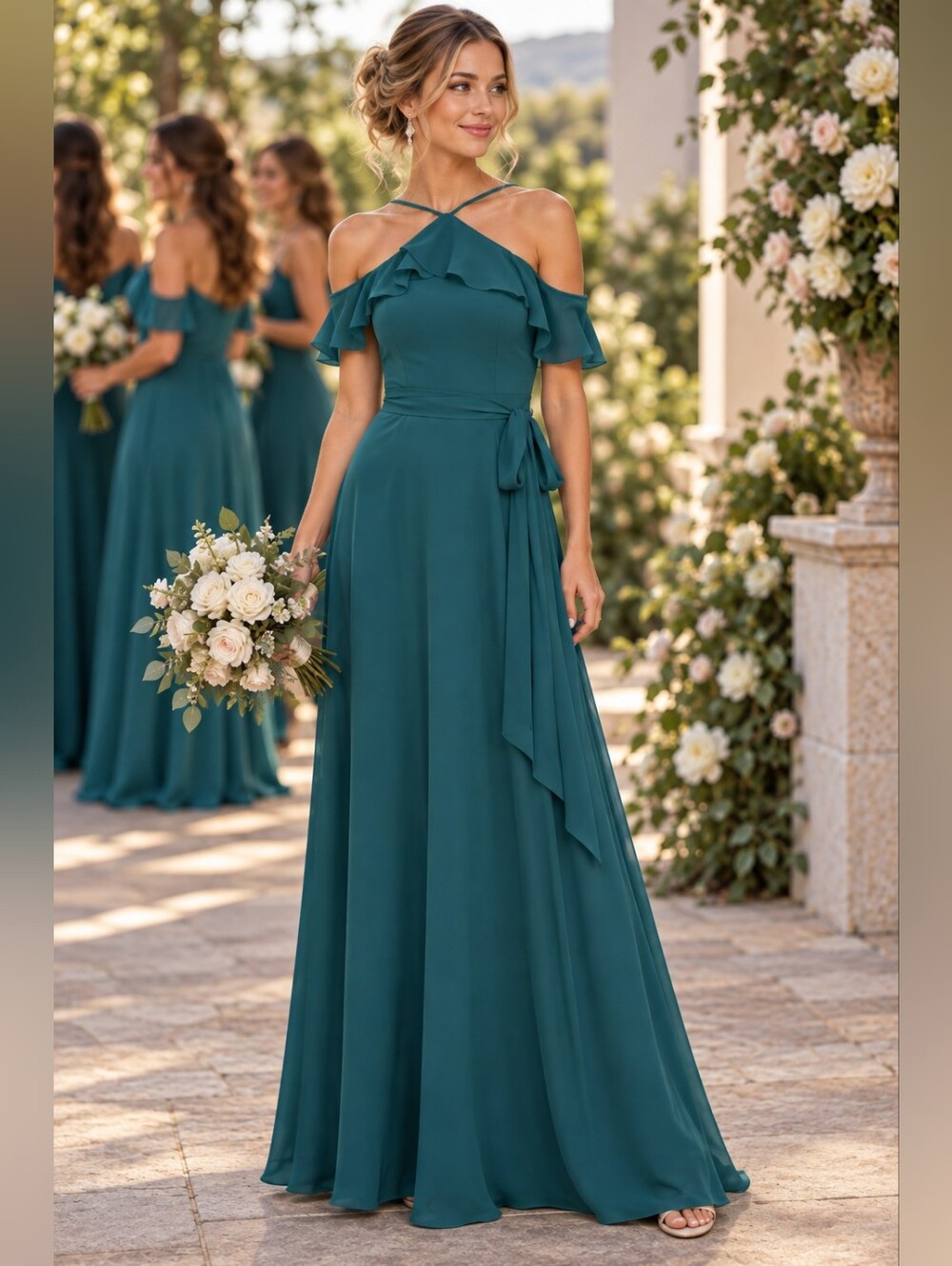JJs House Teal Off-Shoulder Ruffle Maxi Dress Tie Waist Chiffon Bridesmaid HOCO